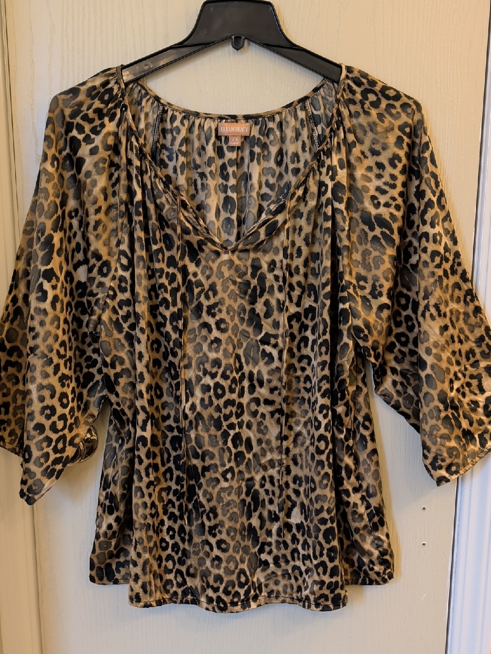 Ellen Tracy Leopard Print V-Neck Blouse Tan Black 2X 3/4 Sleeve Plus Size